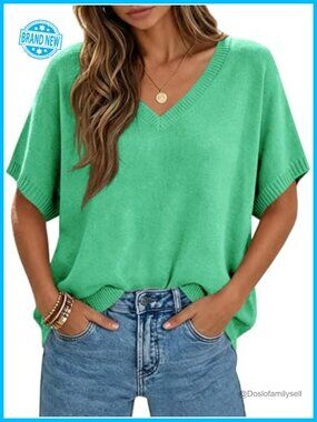 Oversized Batwing Short Sleeve Knit Pullover Sweater Acrylic Cotton